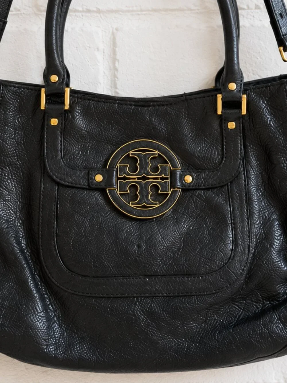 Tory Burch Amanda Black Pebbled Leather Satchel Tote Shoulder Bag